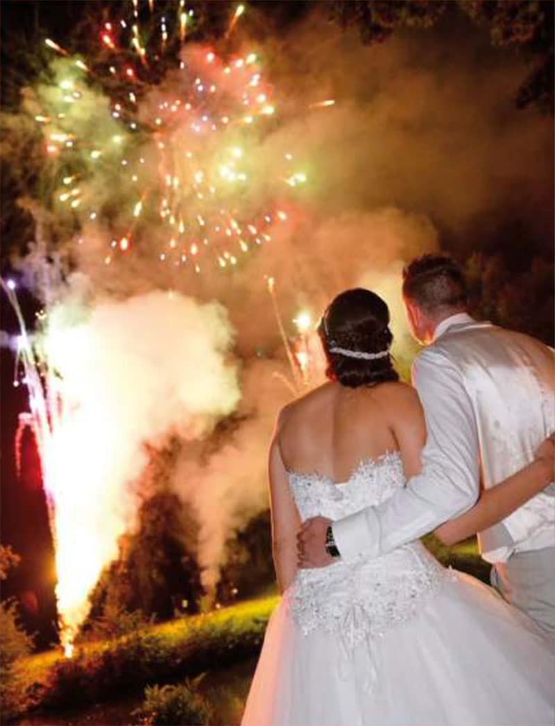 Photo de mariés devant un feu d'artifice